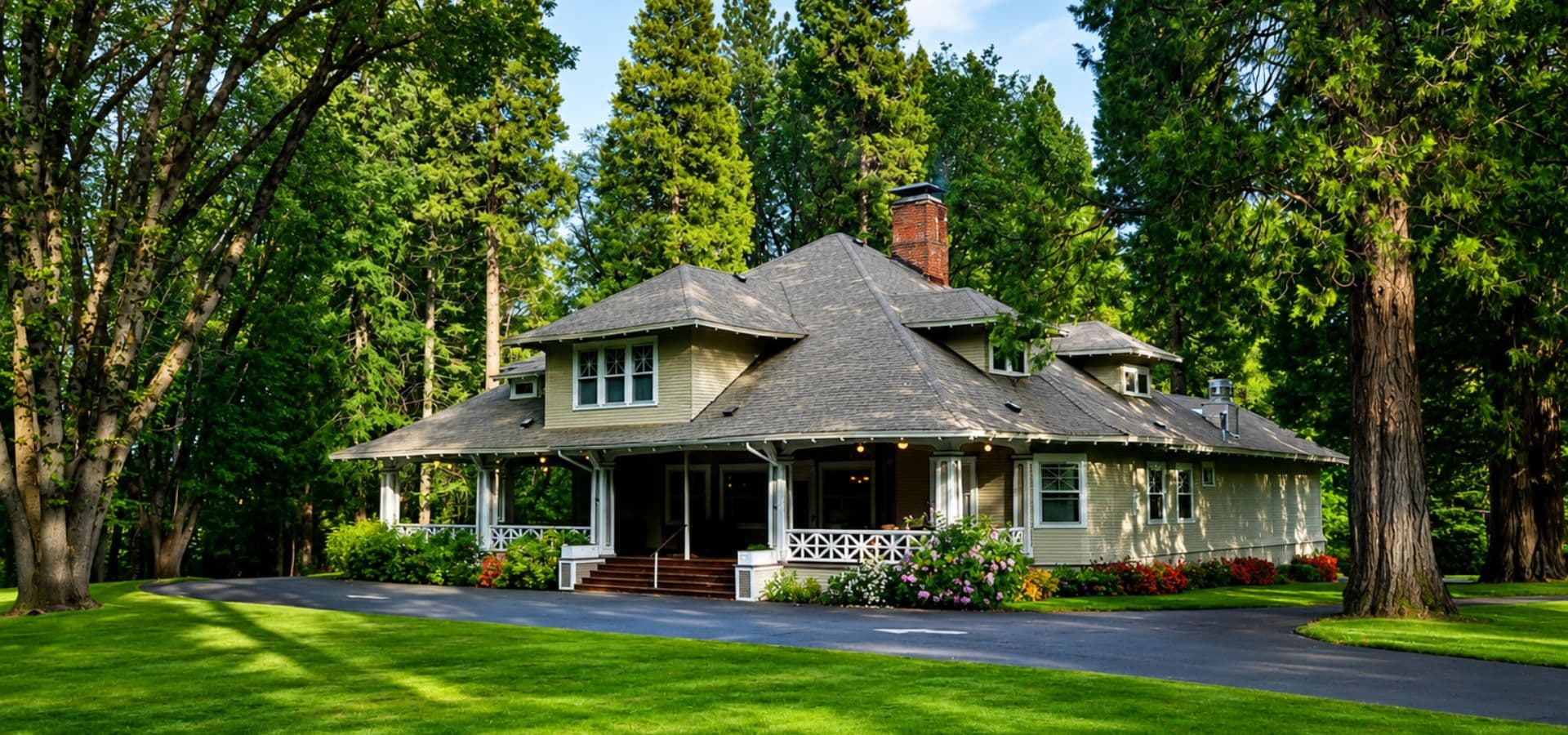 A large, scenic home surrounded by trees and a well-maintained lawn.