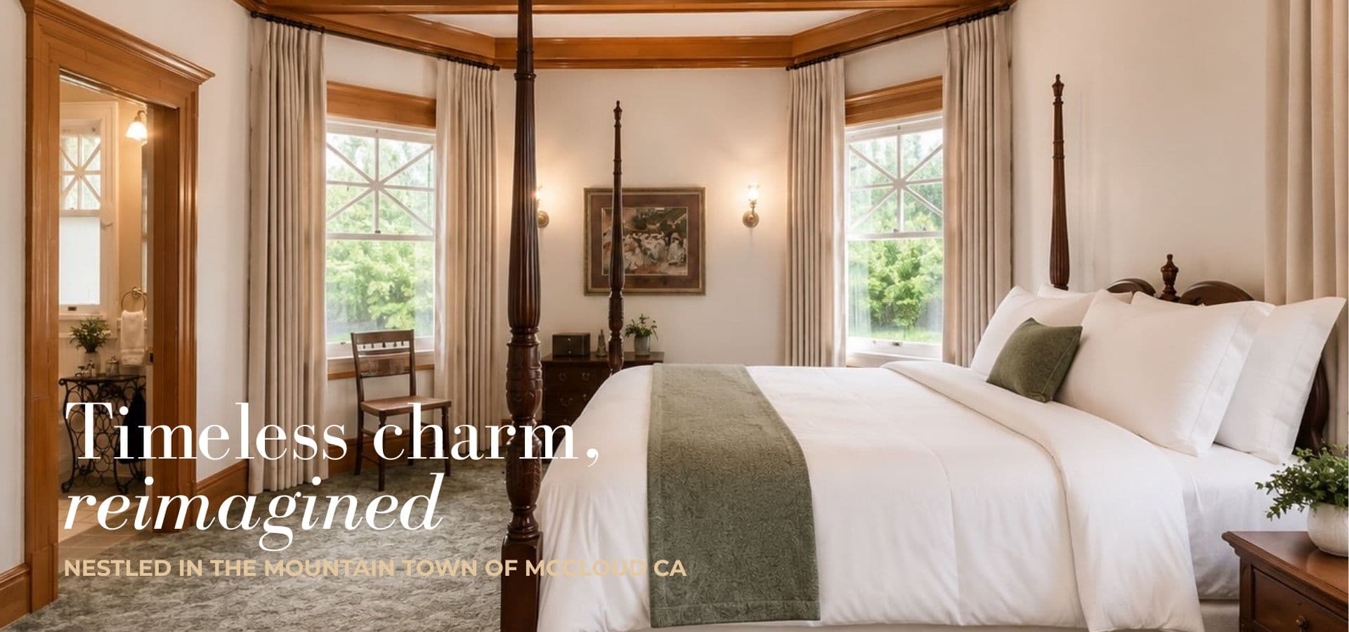 A cozy bedroom featuring a four-poster bed, warm wood accents, and large windows with soft, natural light.