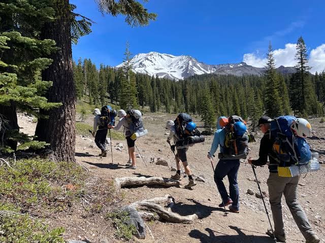 A group of hikers with backpacks trek along a dirt trail surrounded by trees and mountains.