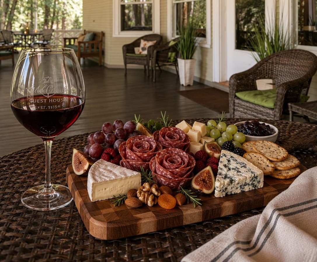 A elegantly arranged charcuterie board with meats, cheeses, fruits, and crackers, accompanied by a glass of red wine.