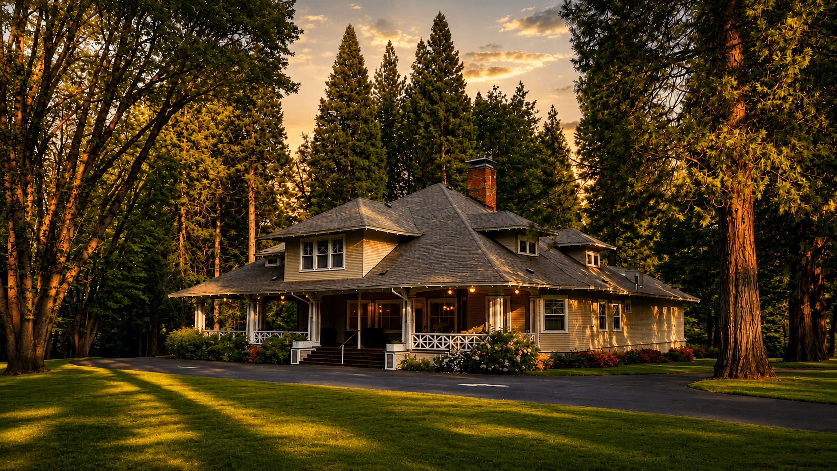 A charming house surrounded by tall trees during sunset.