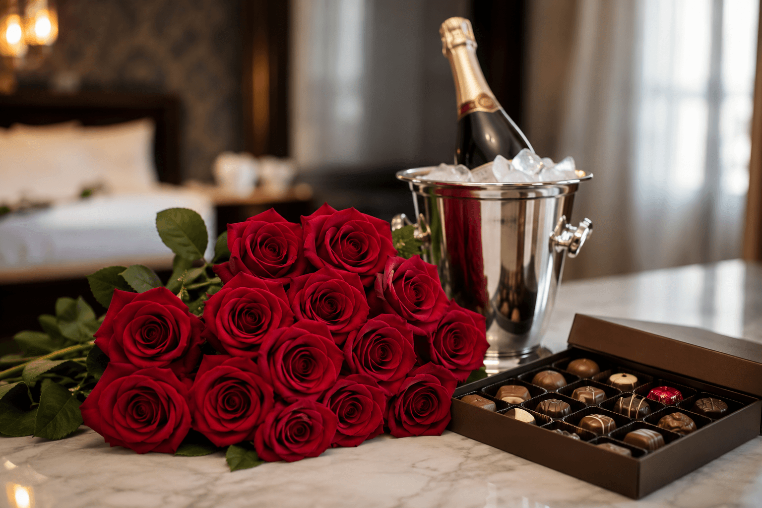 A bouquet of red roses accompanied by a bottle of champagne in an ice bucket and a box of assorted chocolates on a marble countertop.