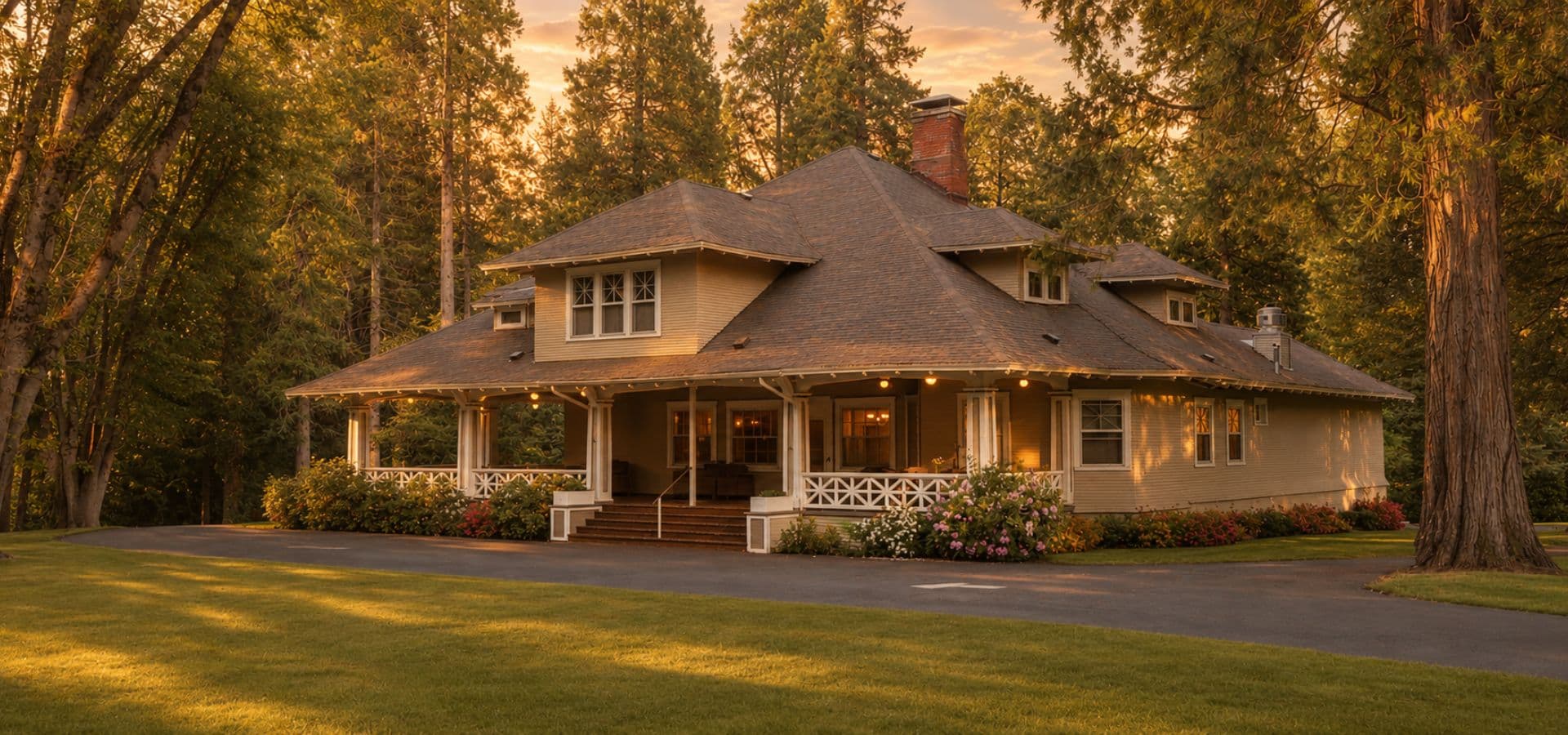 A large, elegant house with a porch surrounded by lush trees and greenery at sunset.