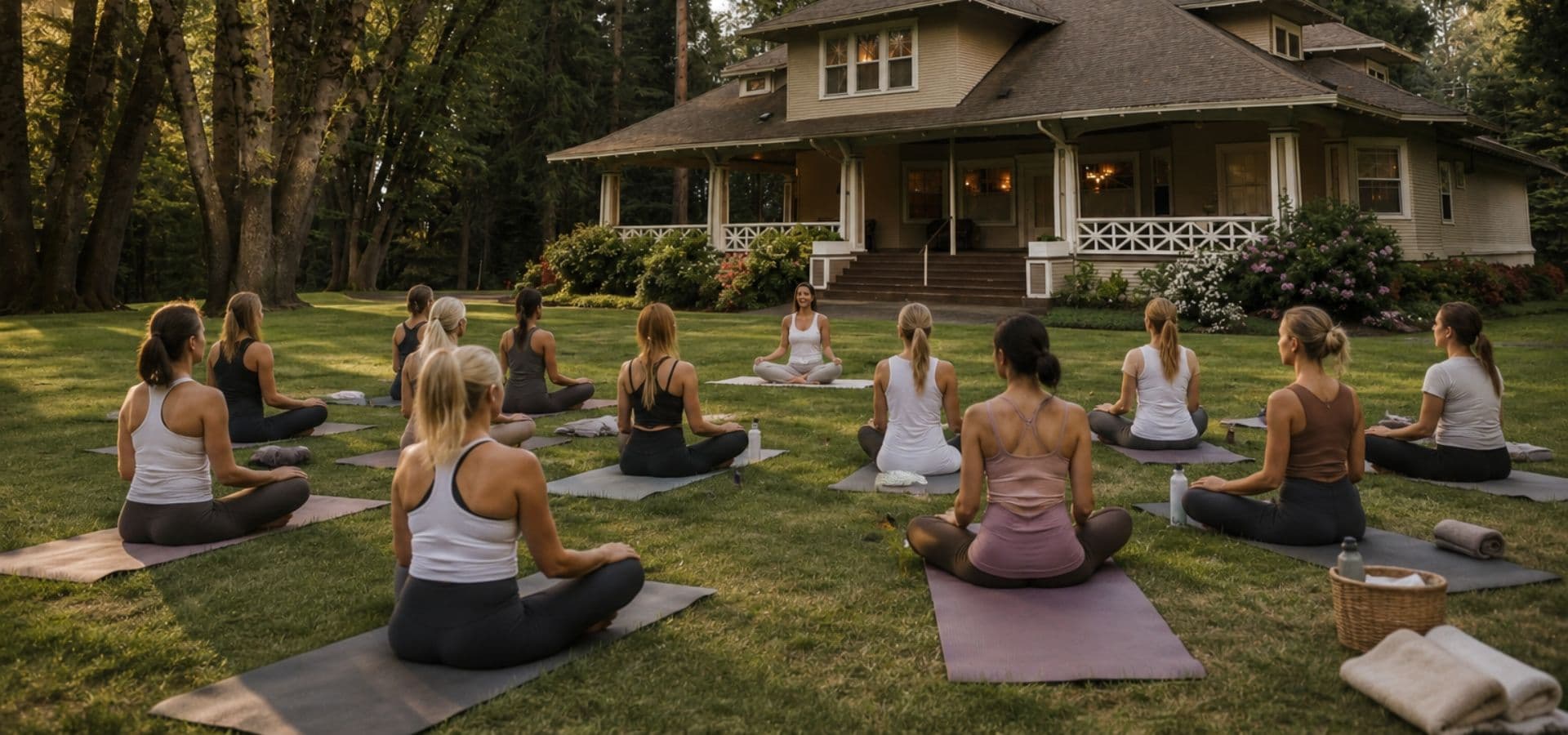 A group of women practicing yoga outdoors in front of a large house.