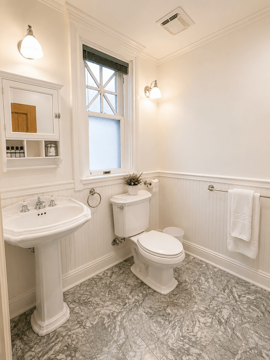 A bright, modern bathroom featuring a pedestal sink, toilet, and light-colored decorative elements.